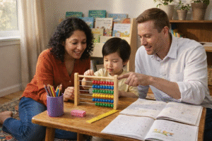 Family learning with wooden abacus